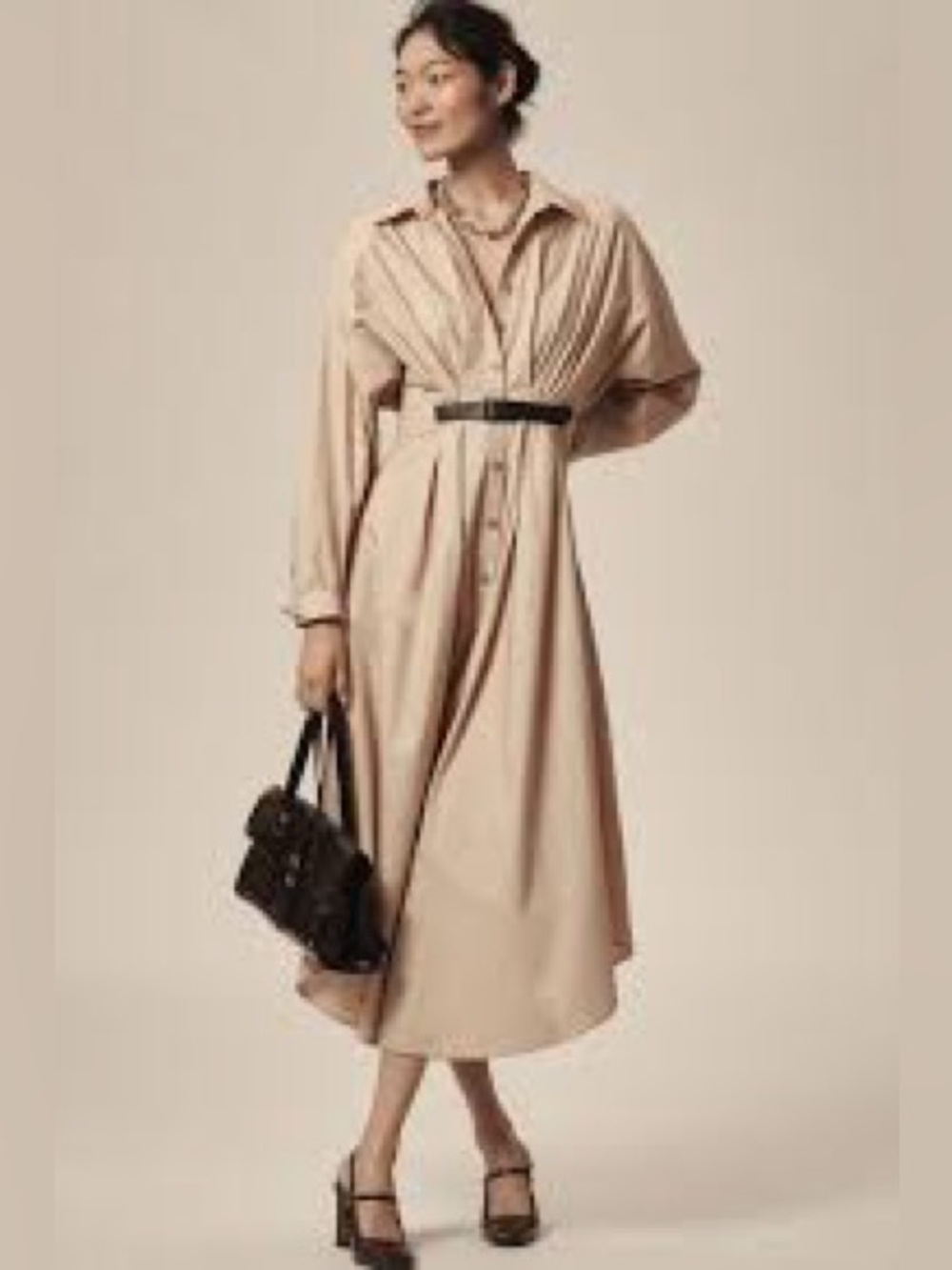 Anthropology Long-Sleeve Buckle-Front Midi Shirt Dress